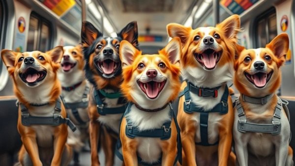 Happy dogs in backpacks promoting adoption in subway, backpack initiative.