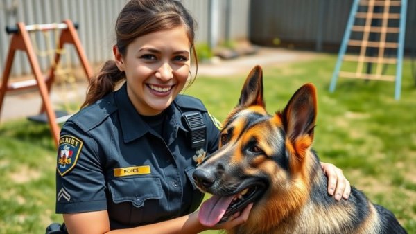 Young female police officer with dog in a garden setting, part of Tripti Bhatt IPS journey.