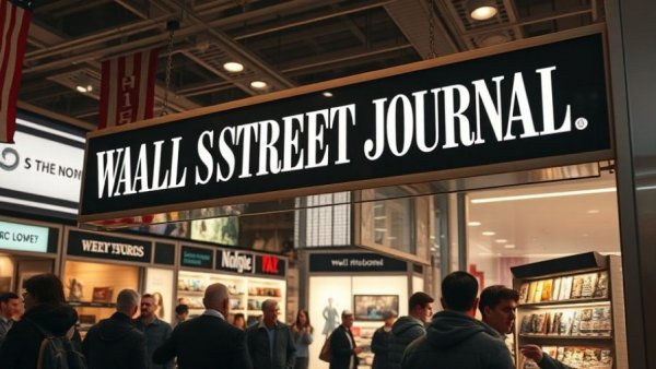 Illuminated Wall Street Journal sign in a busy retail space.