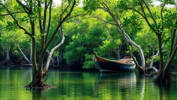 Lush mangrove forest with a boat; women-led mangrove restoration.