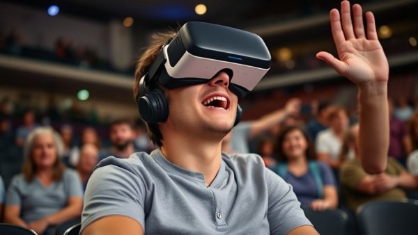 Visually impaired fan using VR headset at stadium event.