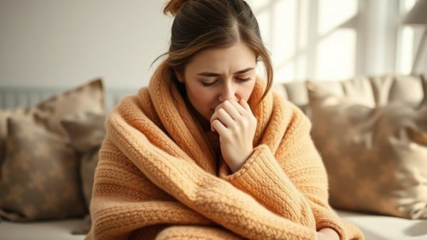 Unwell woman on couch during cold and flu season, blowing nose.