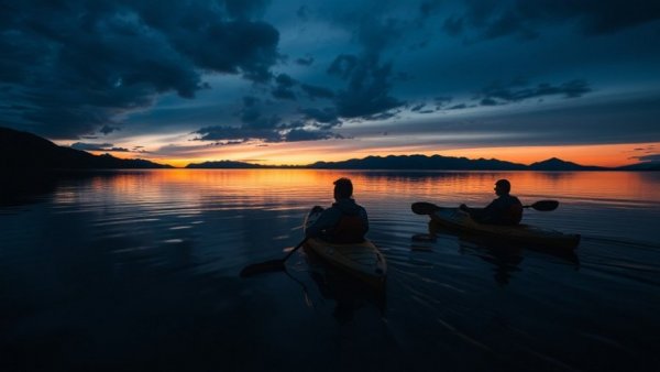 Kayakers with underwater lights at dusk, Seahorse National Park