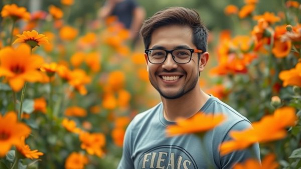 Transform vacant lots into flower farms: smiling man in vibrant garden.