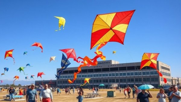 Colorful kites at former airport, site of redevelopment.