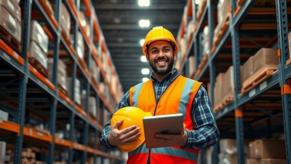 Smiling warehouse worker checking inventory, positive business news, organized environment.