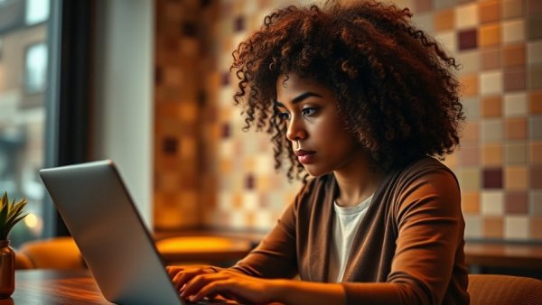 Focused woman in cybersecurity working on a laptop in a modern cafe.