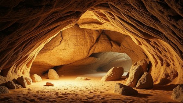 Mysterious cave interior with warm lighting, resembling a natural habitat for a ghost marsupial.