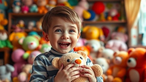 Boy enjoying toy at Texas Toy Drive for Families In Need, colorful room.