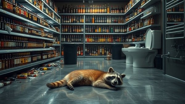 Liquor store chaos with raccoon near toilet, highlighting animal welfare.