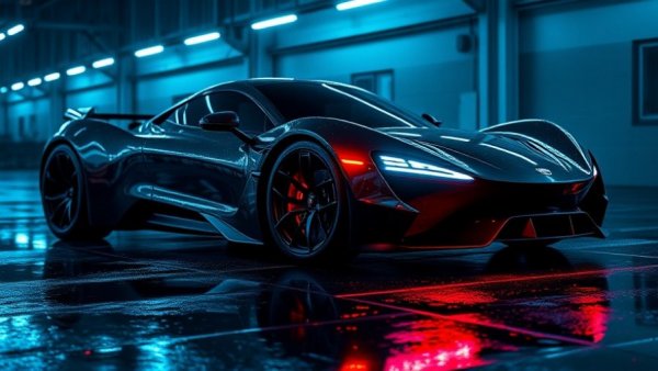 Sleek futuristic car parked in neon garage, highlighting Porsche repair in Dunwoody.