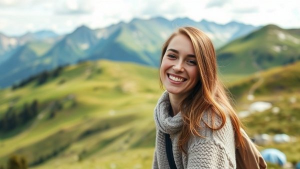 Cheerful woman in Aspen enjoying stress-free travel with mountain views.