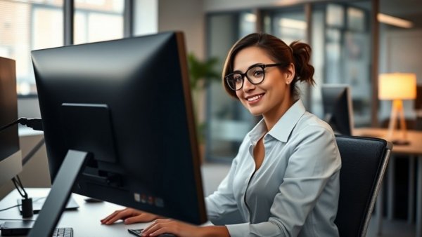 Content office worker embracing computer monitor, symbolizing job hugging in leadership.