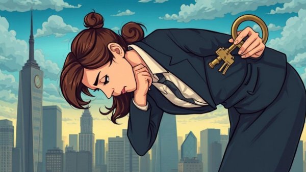 Cartoon of a woman with wind-up key depicting end-of-year burnout.