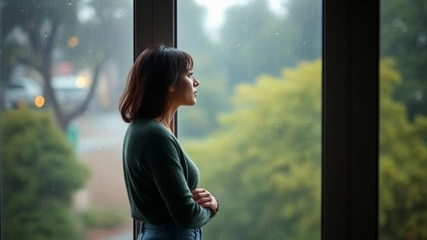 Contemplative woman by rainy window reflecting signs of loneliness.