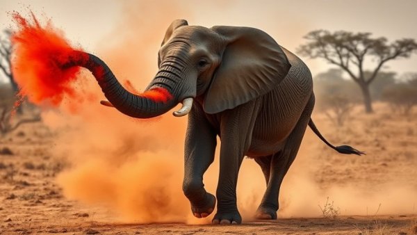 Majestic African elephant tossing dust in savannah, African elephants saving forests.