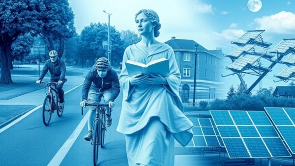 Positive Business News collage with bike lane, statue, hospital, town, and solar panels.