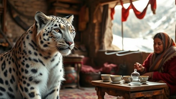 Ladakh homestay scene with snow leopard and local hospitality.