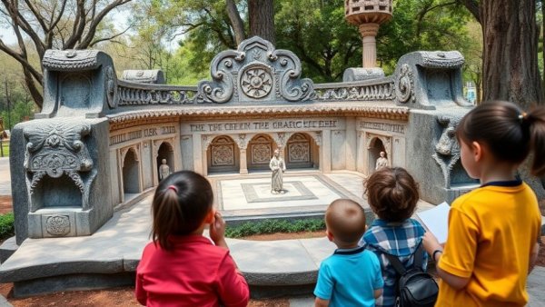 Ramanujan Math Park magic square stone and curious children examining model.
