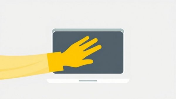 Minimalist tech reuse illustration, hand and computer, flat design.