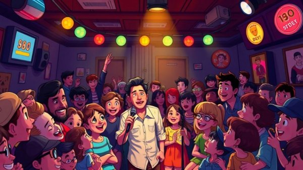 Cartoon comedy club scene with families and children enjoying the show.