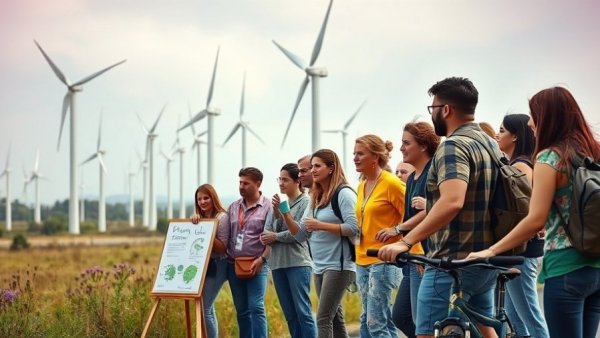 Diverse group at environmental event with wind turbines, Minneapolis trans-inclusive rights 1975.