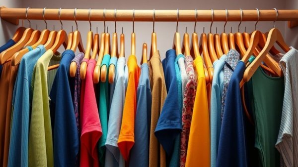 Colorful clothes on hangers, digital product passport in fashion.