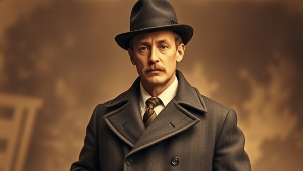 Giovanni Puccini business impact vintage portrait in overcoat and bowler hat.