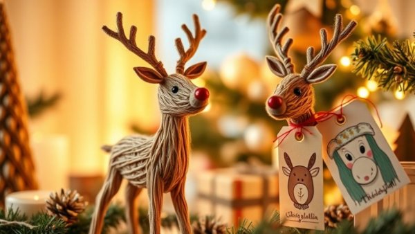 Eco-friendly Christmas decorations with straw reindeer and gift tags.