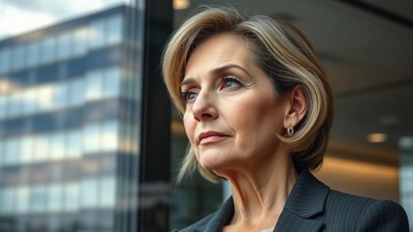 Confident woman, reflection in glass with office and sky, gift of reflection in leadership.