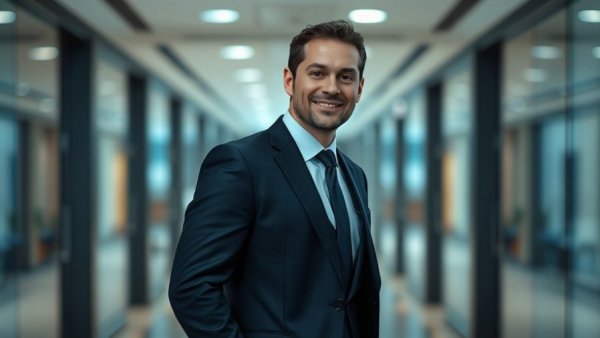 Professional man smiling in office hallway, focus on audience needs.