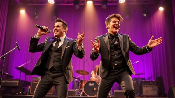 Dynamic performers at 'Reasons to be Cheerful 2025 Annual Report' stage event.