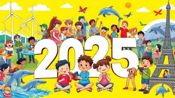 Vibrant 2025 illustration showing positive activities and diverse characters.