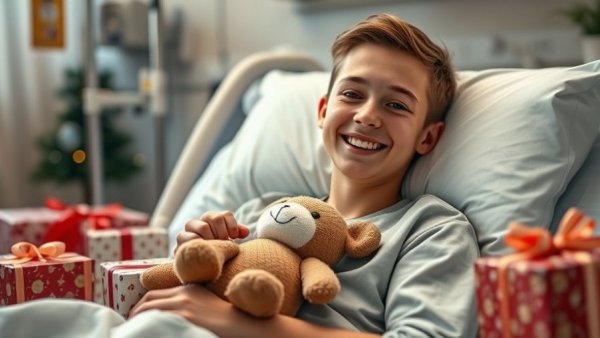 Teen donates Christmas presents to hospital, smiling in bed.