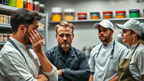 People conversing in a kitchen, one covering his face in surprise, helping families during holidays