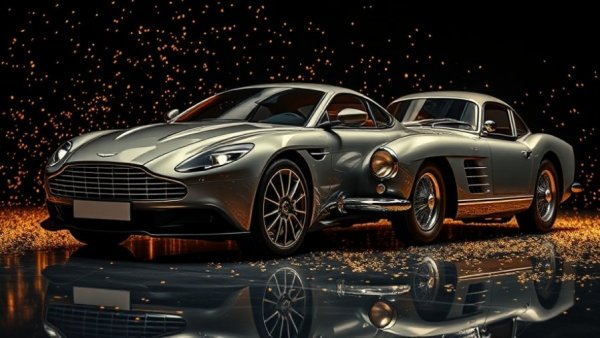 Aston Martin DB12 Goldfinger 007 Edition next to a vintage DB5, glowing sparks background, charity auction theme.