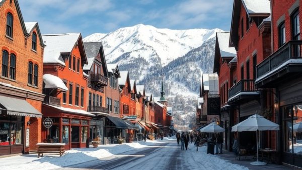 Charming main street in Steamboat Springs, snow and mountains.