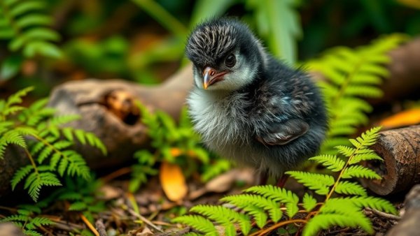 Fluffy takahē chick amid leaves, highlighting conservation success.