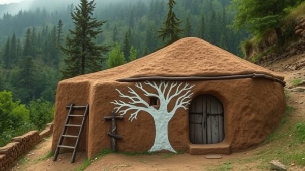 Rustic sustainable mud home with tree mural in mountain setting.