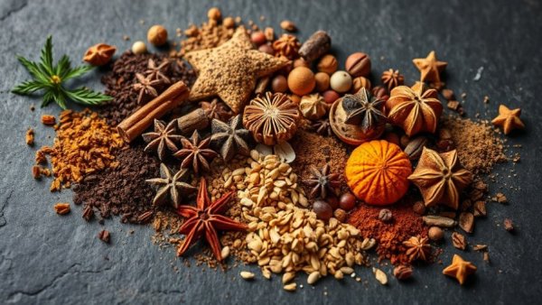 Assorted holiday spices with powerful antioxidants on dark slate.