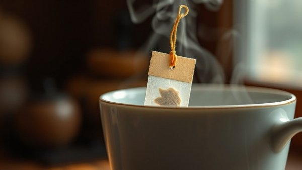 Used tea bag hanging on steaming cup in cozy setting.
