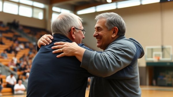 Emotional embrace on basketball court, reflecting survival relief and support.