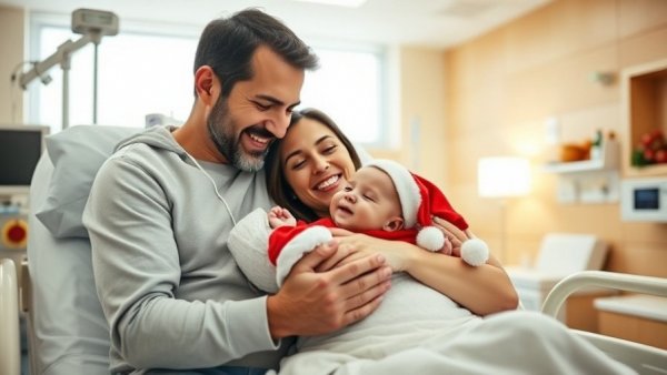 Joyful family with newborn and baby in festive attire, IVF success story.