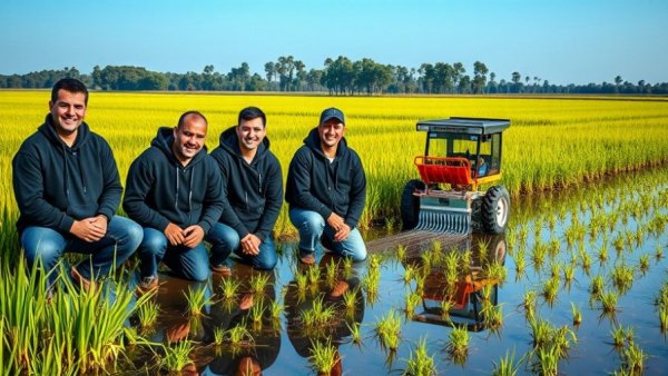 AI in agriculture: group of men in field and automated rice planter.