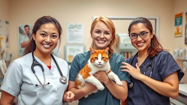 Veterinary staff caring for cat, highlighting anonymous donor covering vet bills.