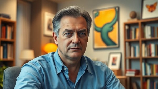 Middle-aged man in office, reflecting on employee bonuses from business sales.