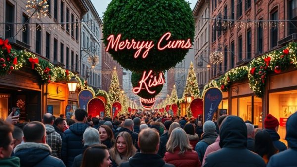 Festive crowd celebrating Merry Kiss-mas community event with lights and decorations.