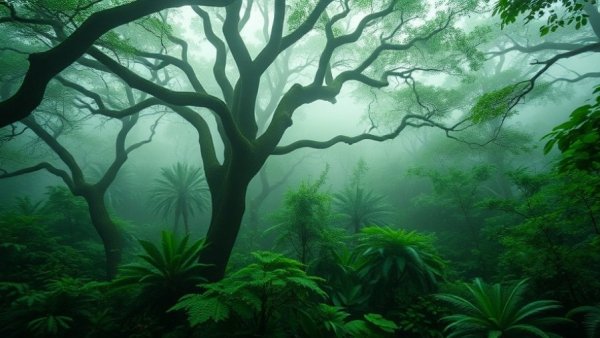 Dense forest illustrating effective reforestation strategies with misty ambiance.