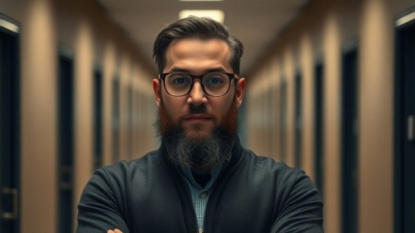 Confident man standing in corridor, unified digital interaction theme.