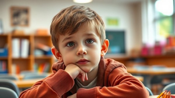 Benefits of boredom for kids: young boy contemplating in class.
